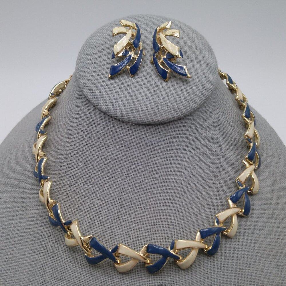 Vintage Blue White Enamel Choker Necklace Earrings Set, 1960s, 16" & 1 1/2"